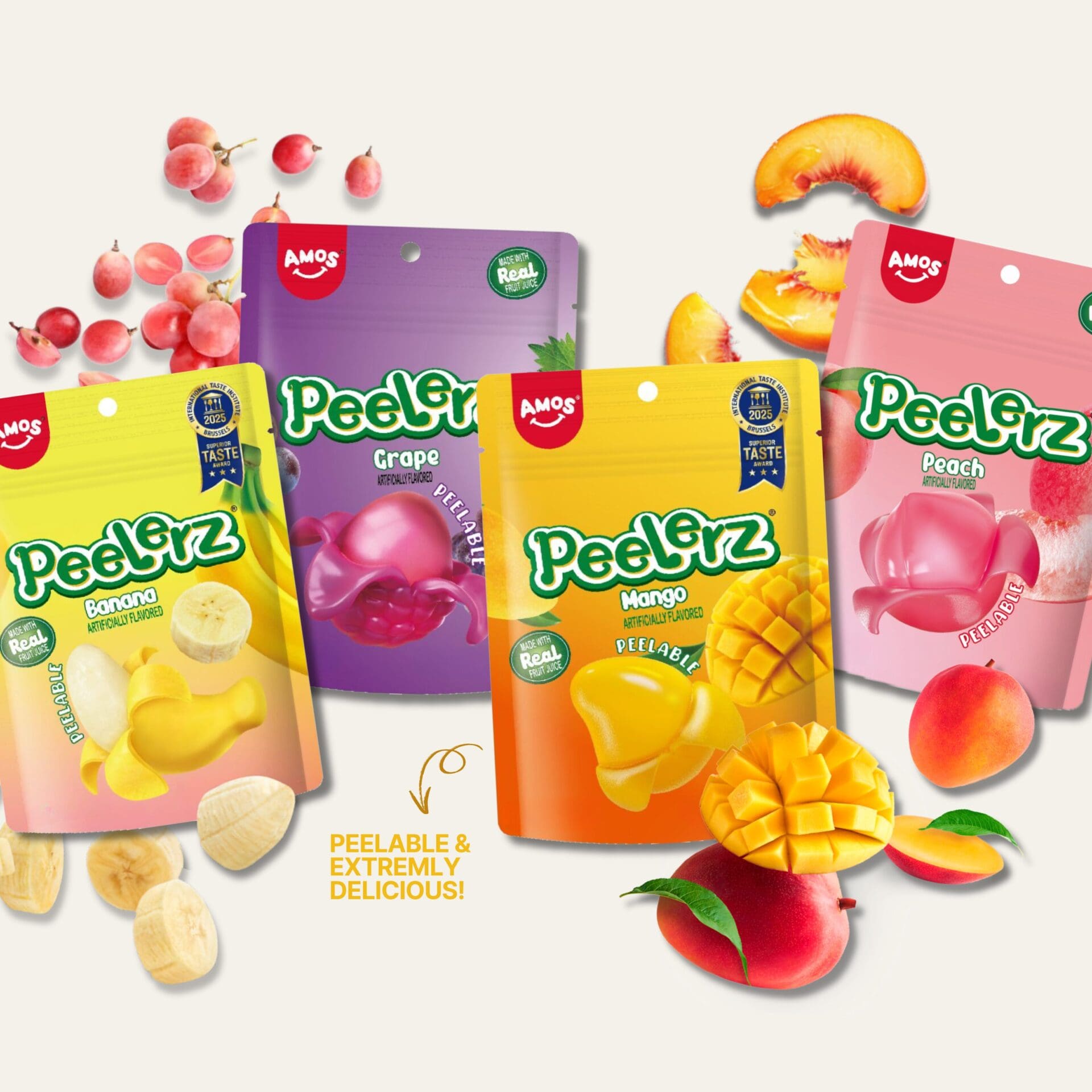 Amos Peelerz peelable gummies assorted flavours — mango, banana, peach and grape packs from Amos Sweets, distributed in New Zealand by Zebra International