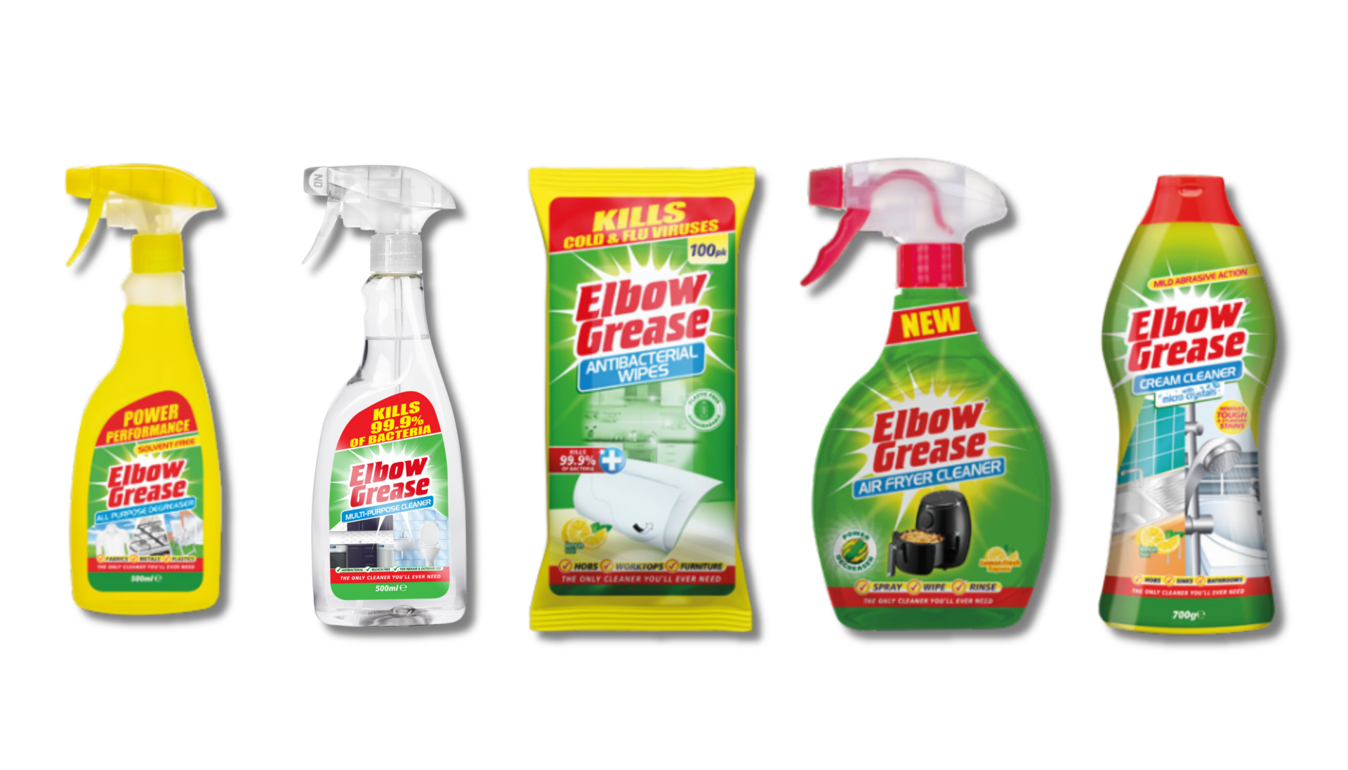 Elbow Grease cleaning product range including sprays, creams, and degreasers