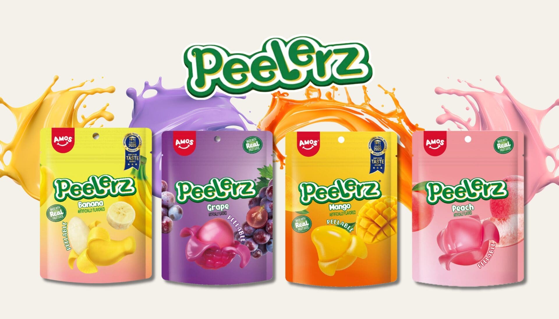 Amos Peelerz peelable gummies flavour banner — mango, mixed fruit, and lychee packs from Amos Sweets, distributed in New Zealand by Zebra International