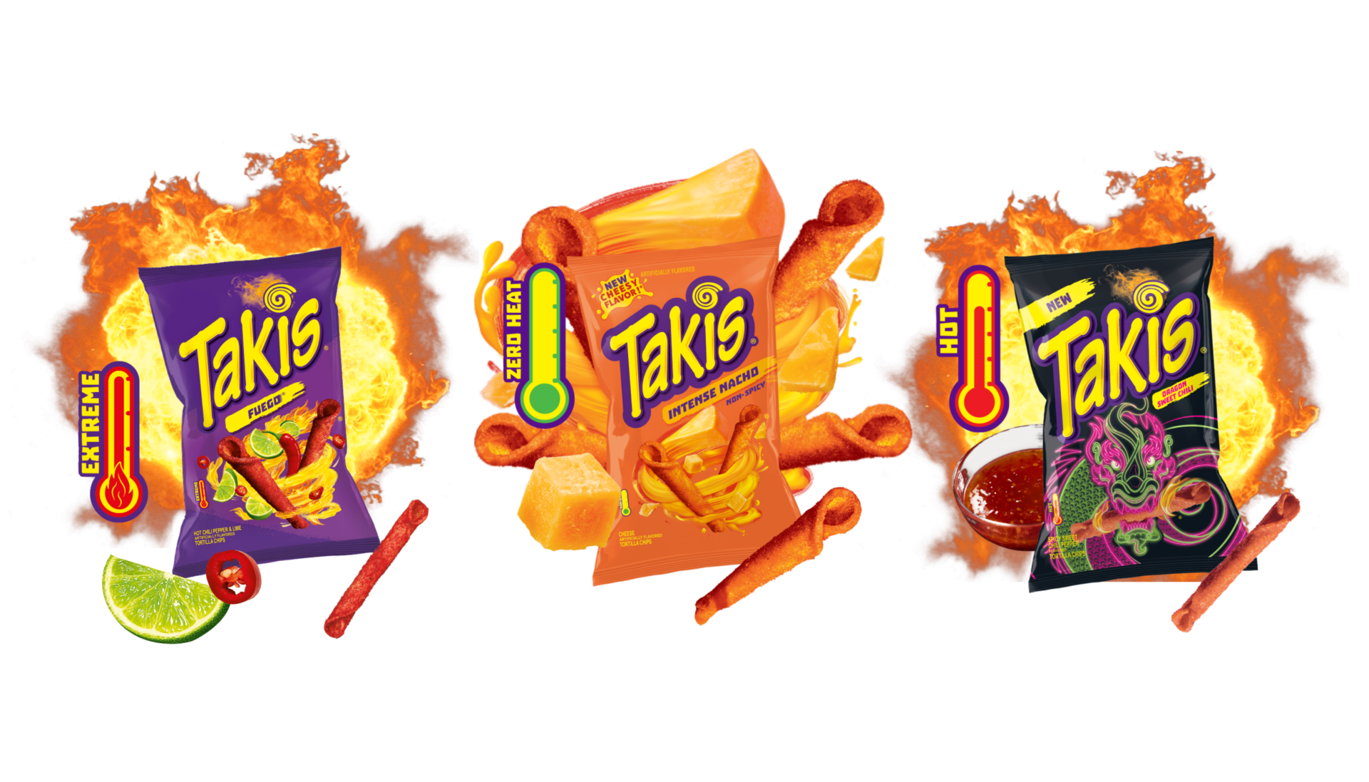 Takis flavours lineup – Fuego, Intense Nacho, and Dragon Sweet Chilli official product range distributed in New Zealand by Zebra International