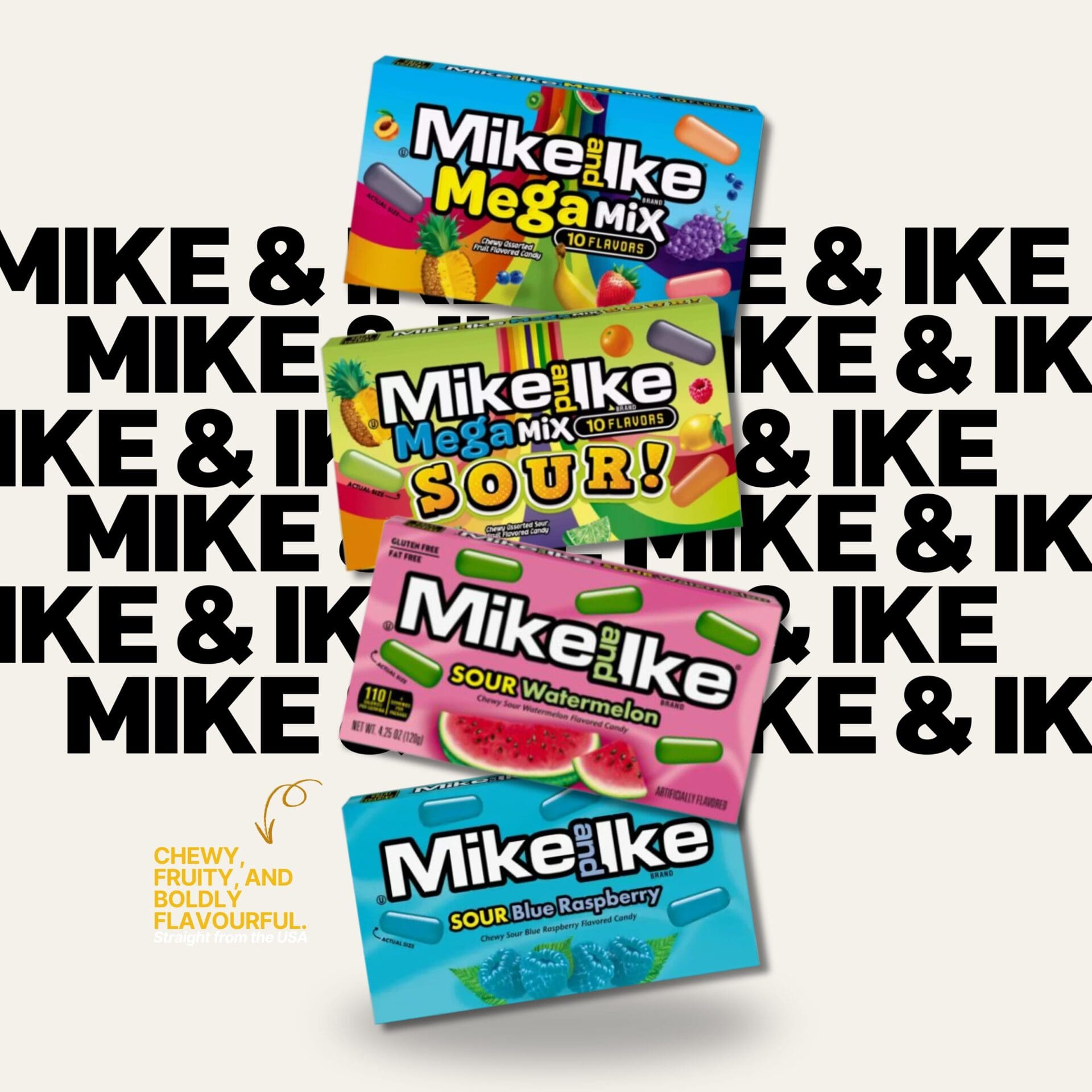 Mike and Ike candy packs – Mega Mix, Sour, and Original Fruits displayed with bold repeating logo background, imported from the USA by Zebra International NZ