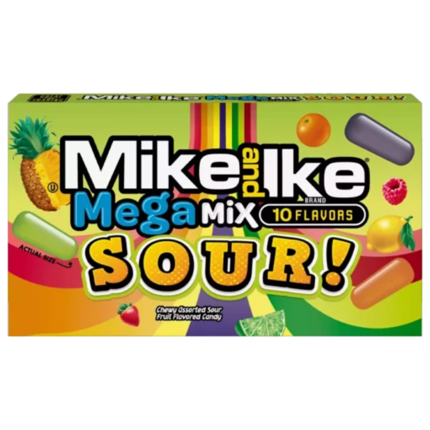 Mike and Ike Mega Mix Sour candy box – fruity chewy sour candy with 10 flavours, imported from the USA and distributed in New Zealand by Zebra International