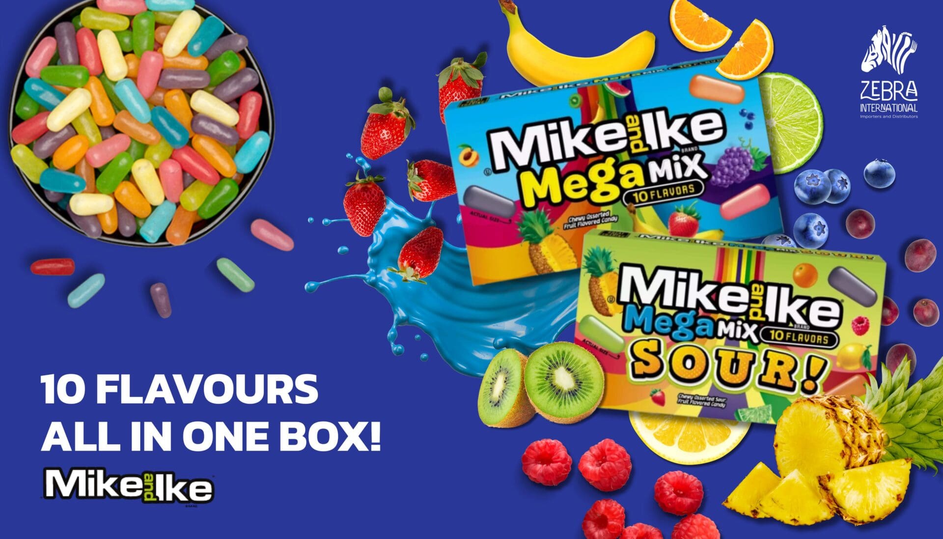 Mike and Ike Mega Mix and Sour candy banner – colourful fruity chewy candy from the USA, imported to New Zealand by Zebra International