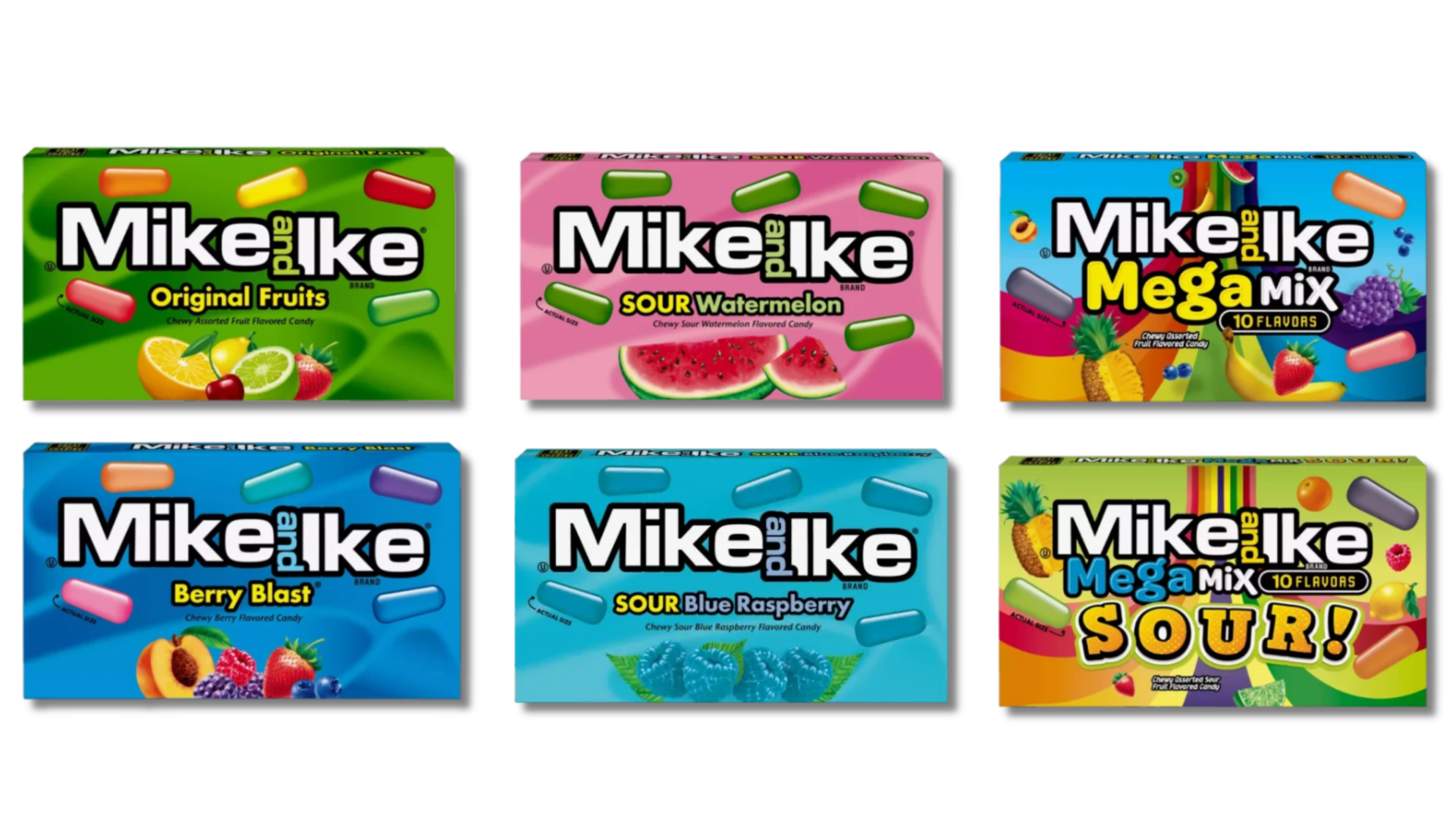 Mike and Ike candy range – Original Fruits, Mega Mix, Berry Blast, and Sour varieties from the USA, imported to New Zealand by Zebra International