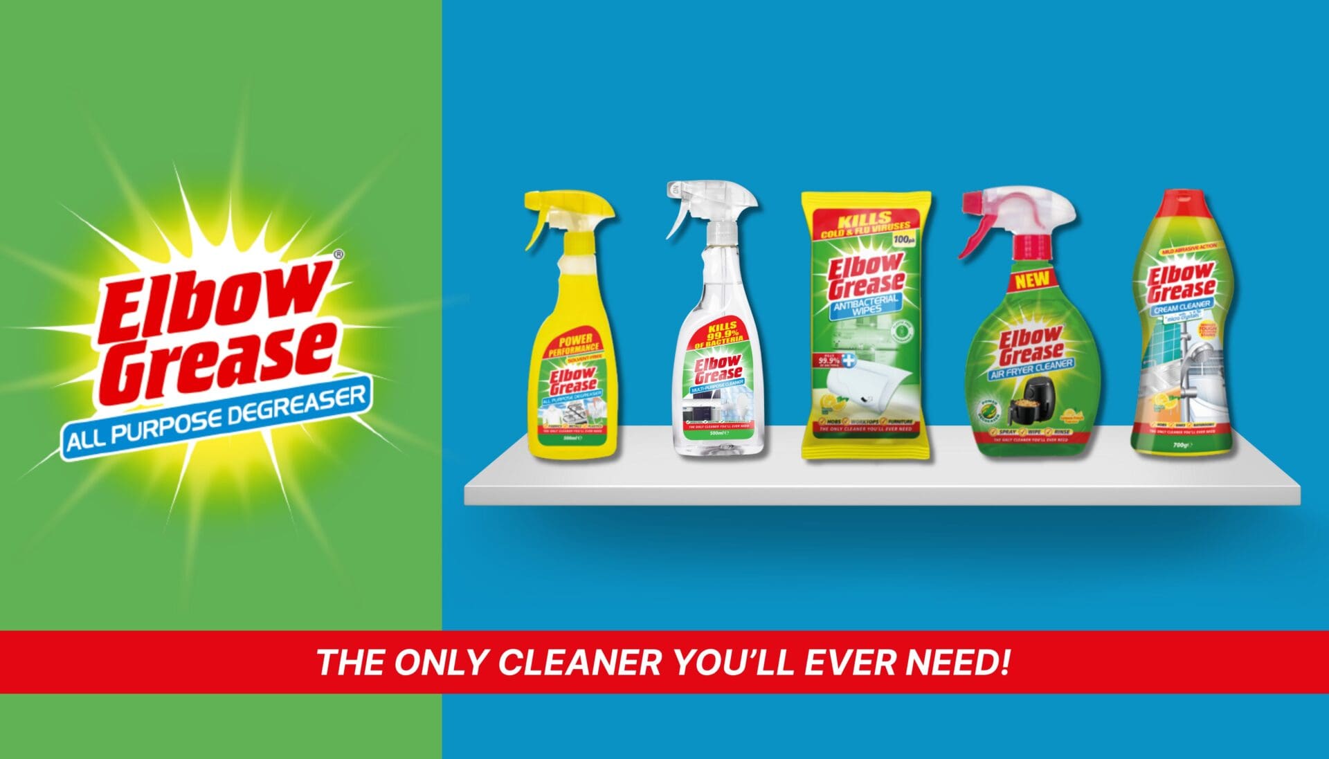 Elbow Grease cleaning range including sprays, creams, and washing-up liquids – the only cleaner you’ll ever need