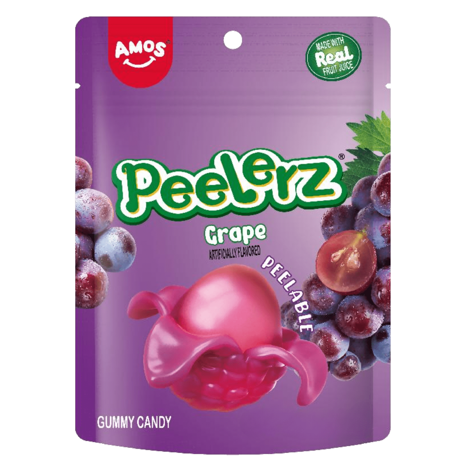 Amos Peelerz Grape 150 g – chewy peelable grape gummies from Amos Sweets, officially imported and distributed in New Zealand by Zebra International