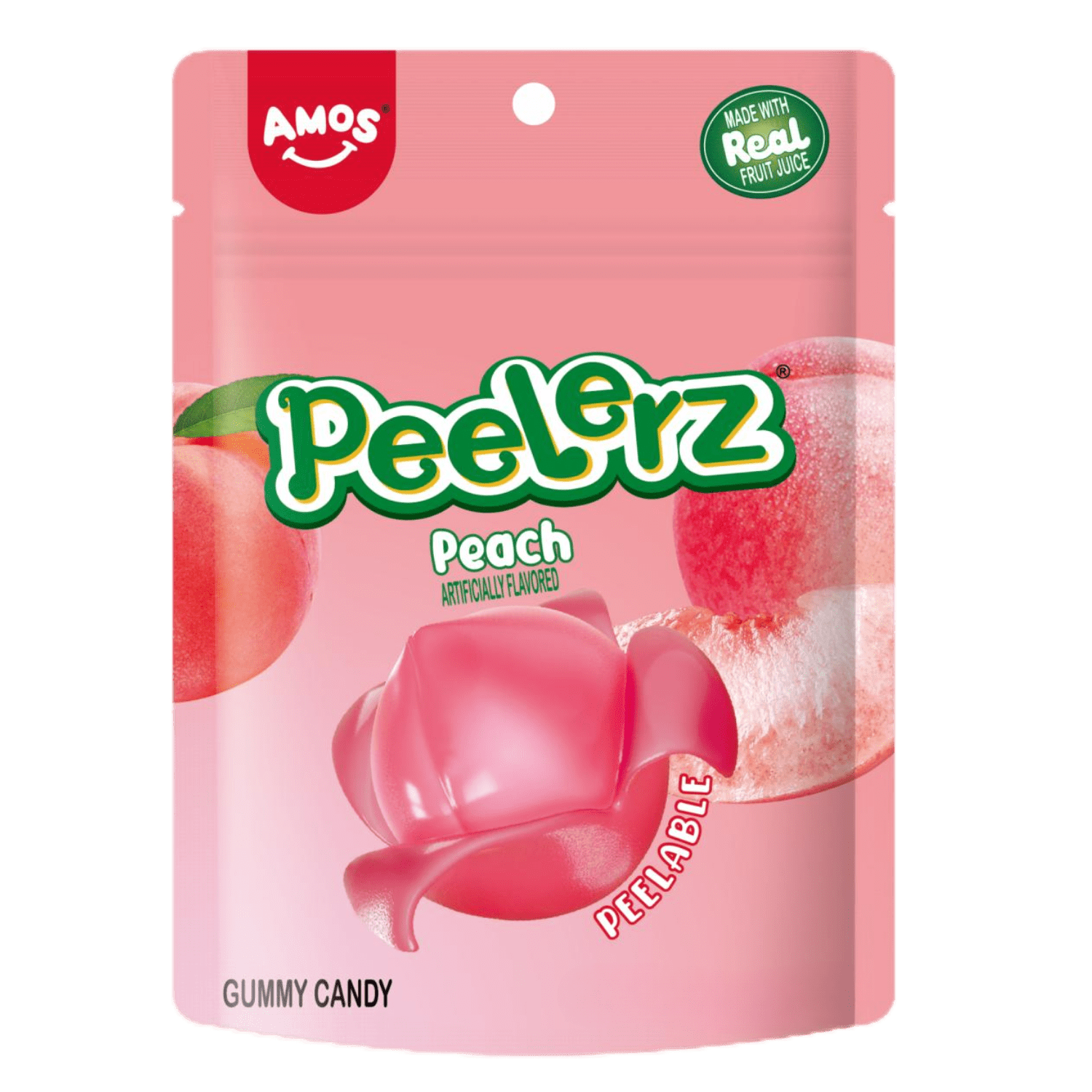 Amos Peelerz Peach 150 g – sweet and chewy peelable peach gummies from Amos Sweets, imported and distributed in New Zealand by Zebra International