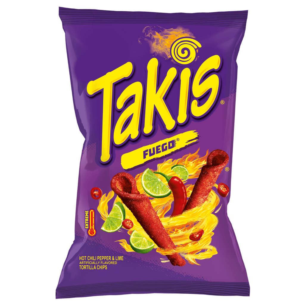 Takis Fuego bag – hot chilli and lime rolled tortilla chips officially distributed in New Zealand by Zebra International