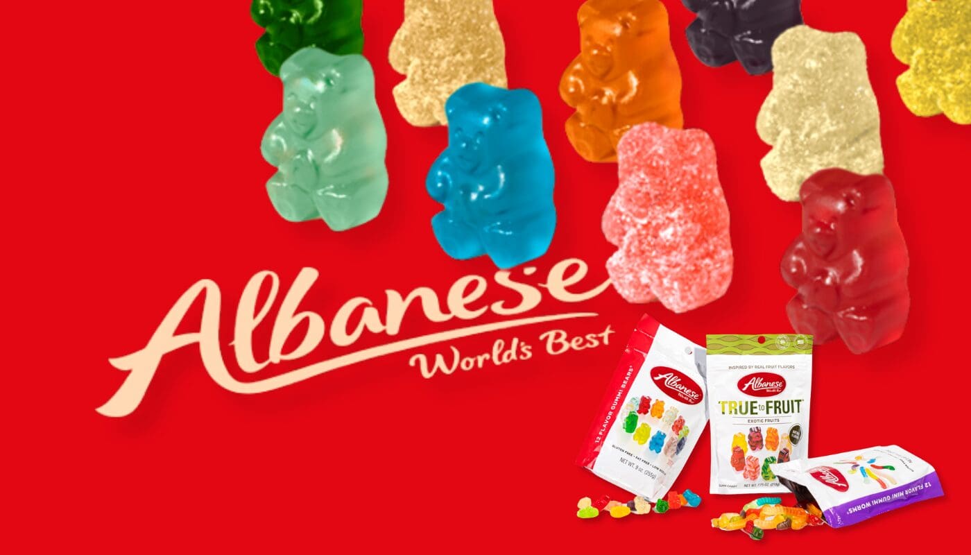 Albanese Candy banner featuring 12 Flavor Gummi Bears and assorted US gummy packs – Official NZ distributor