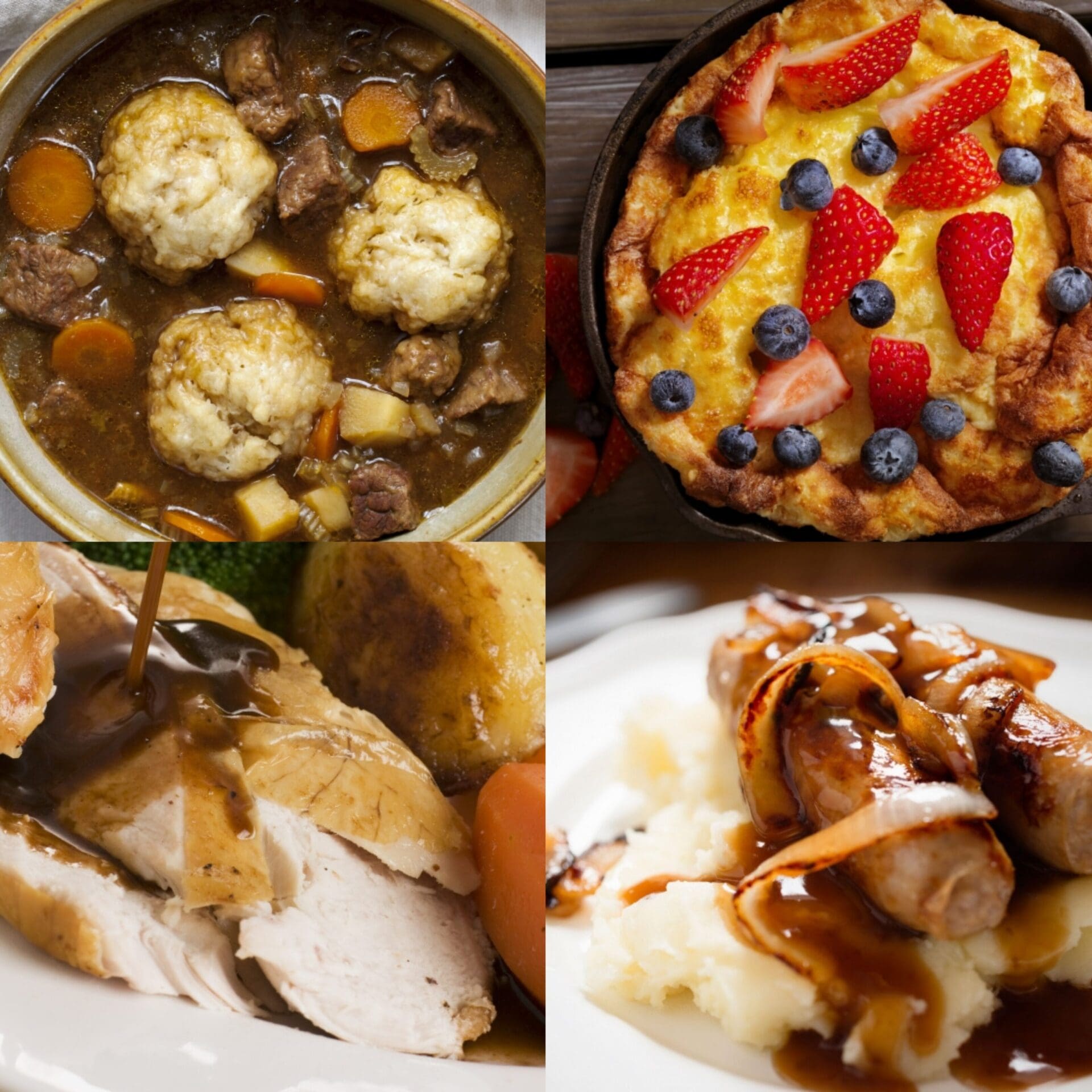 Goldenfry recipe dishes – Yorkshire pudding, dumplings and roast with rich gravy made using Goldenfry mixes