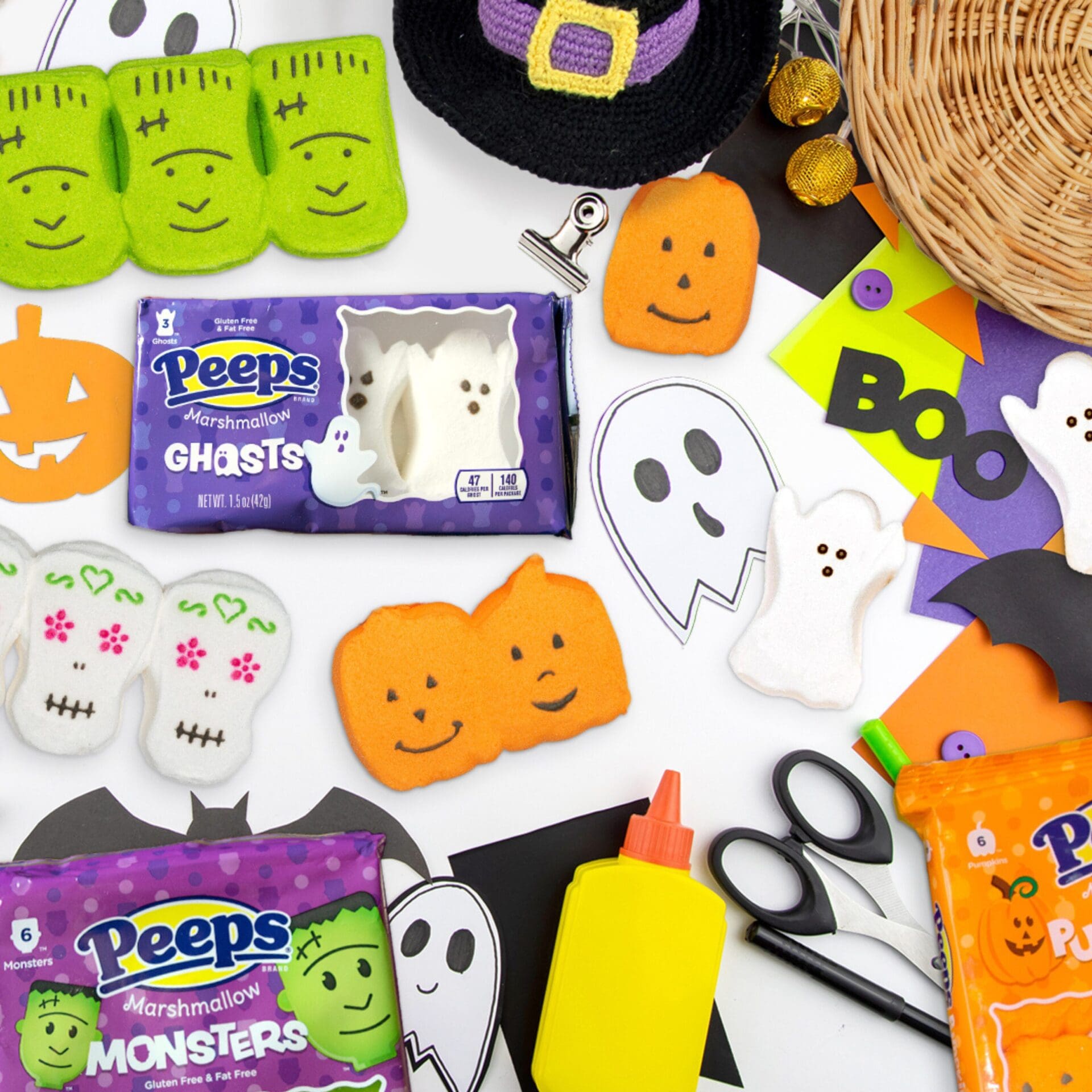 Peeps Halloween marshmallow candy packs with fun ghost, pumpkin, and monster shapes, imported from the USA by Zebra International.