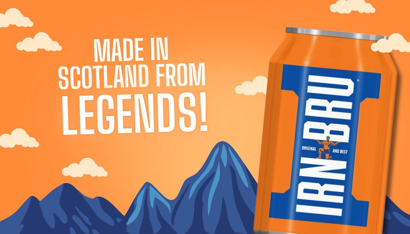 IRN-BRU brand banner with bright orange background, iconic can, and slogan ‘Made in Scotland from Legends’.