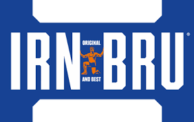 IRN-BRU official logo with blue background and orange figure.