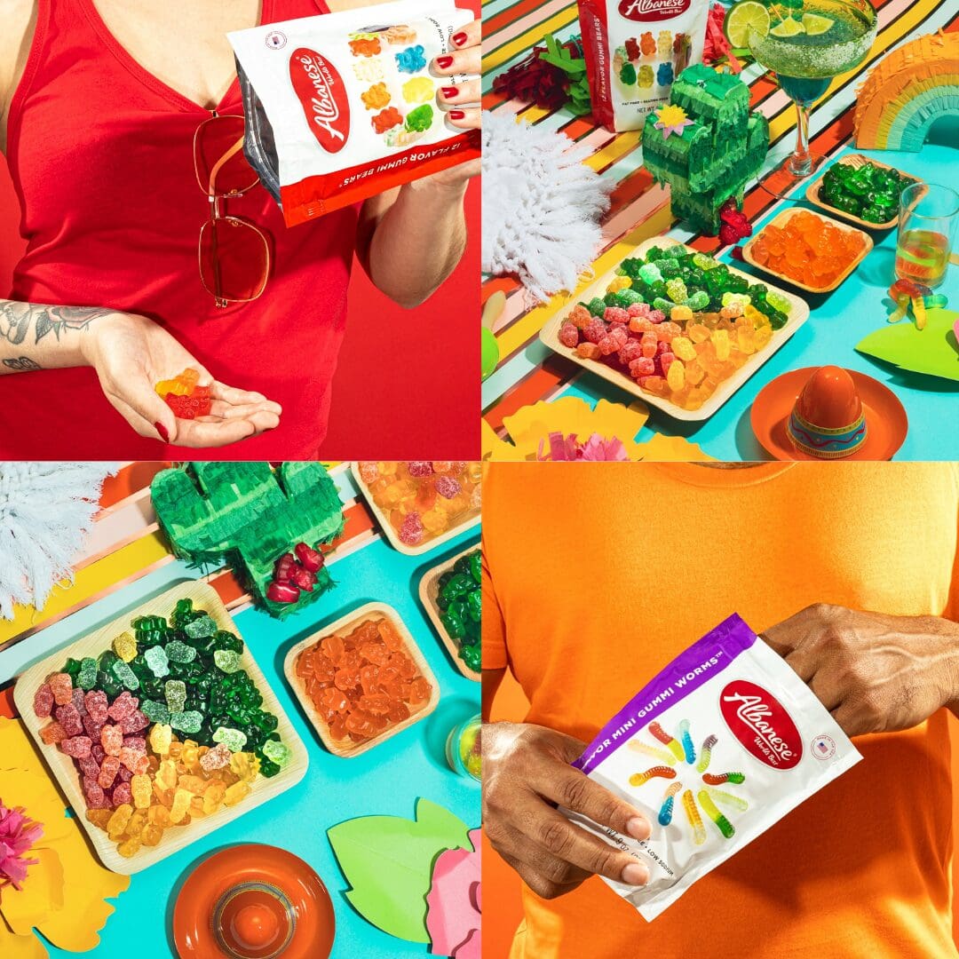 Albanese Candy lifestyle image featuring assorted gummies, colourful packs and snacking setup – premium US gummies in New Zealand