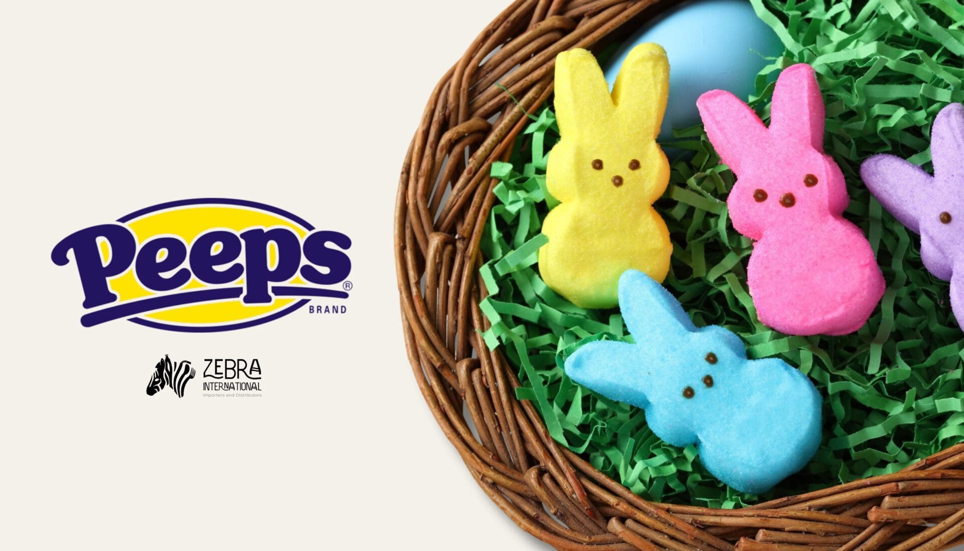 Peeps logo with colourful marshmallow bunnies and chicks in a basket, representing the iconic American candy brand in New Zealand.