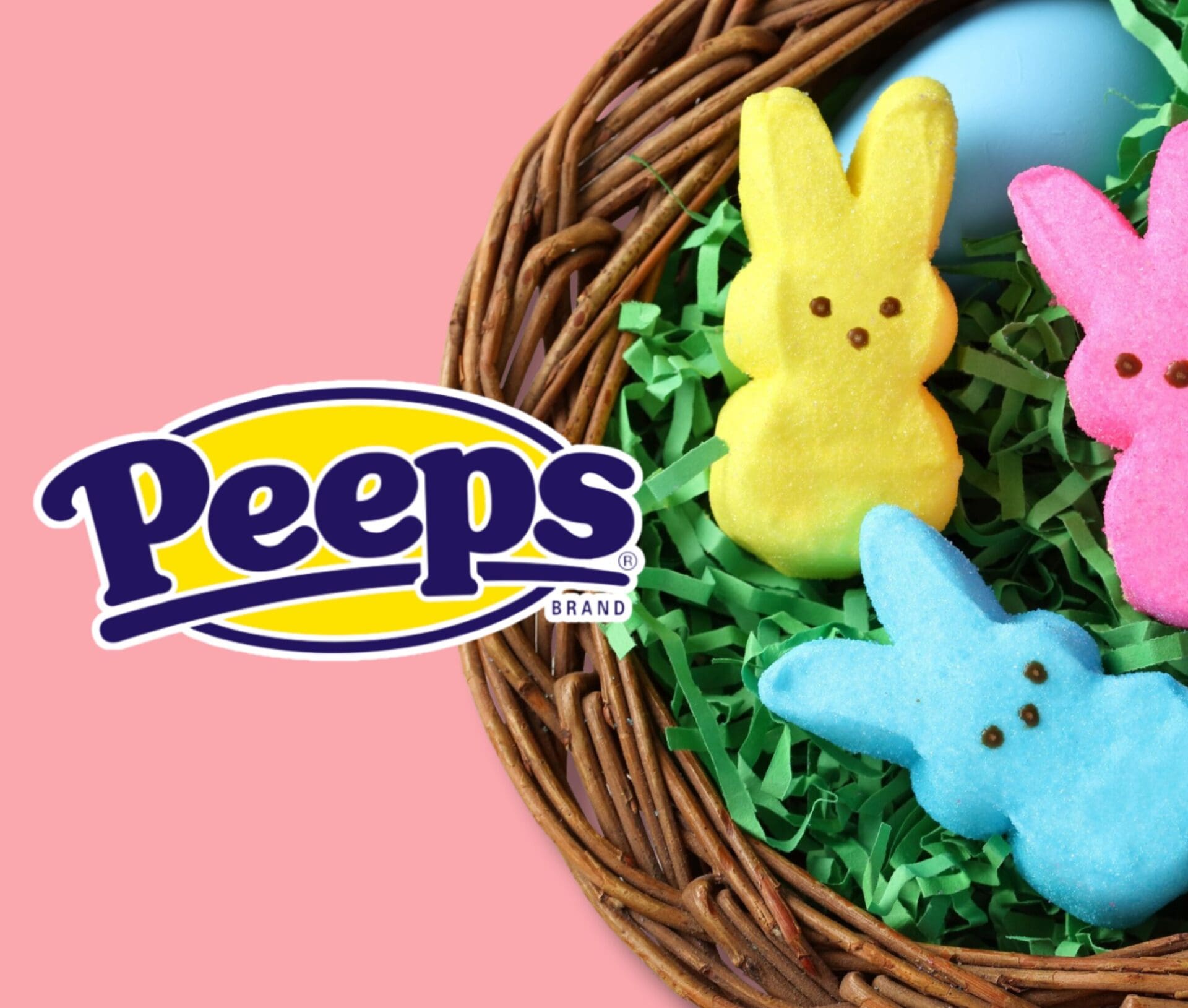 Peeps logo with yellow bunny and blue chick marshmallow candies in a basket, representing the iconic US brand in New Zealand.