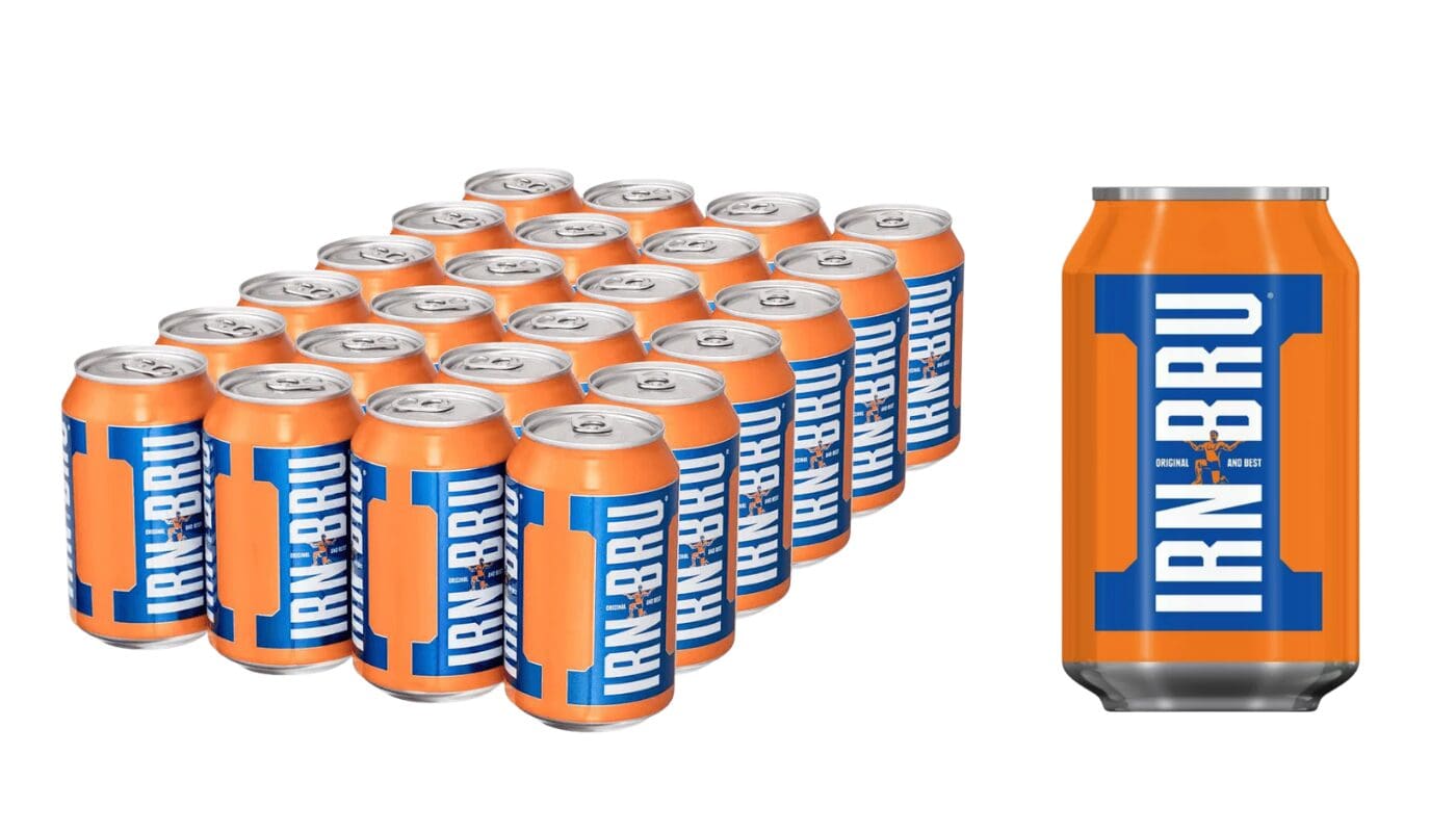 IRN-BRU Original cans multipack with single bright orange can displayed in front.