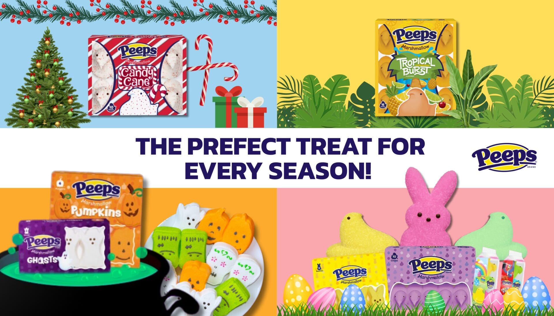 Peeps seasonal marshmallow candy banner showing colourful chicks and bunnies for Easter, Halloween, and Christmas.