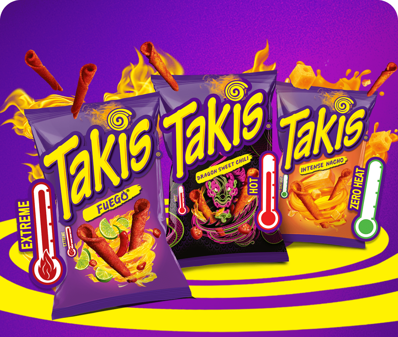 Takis NZ spicy rolled tortilla chips in purple packaging – Fuego, Blue Heat and Crunchy Fajitas flavours