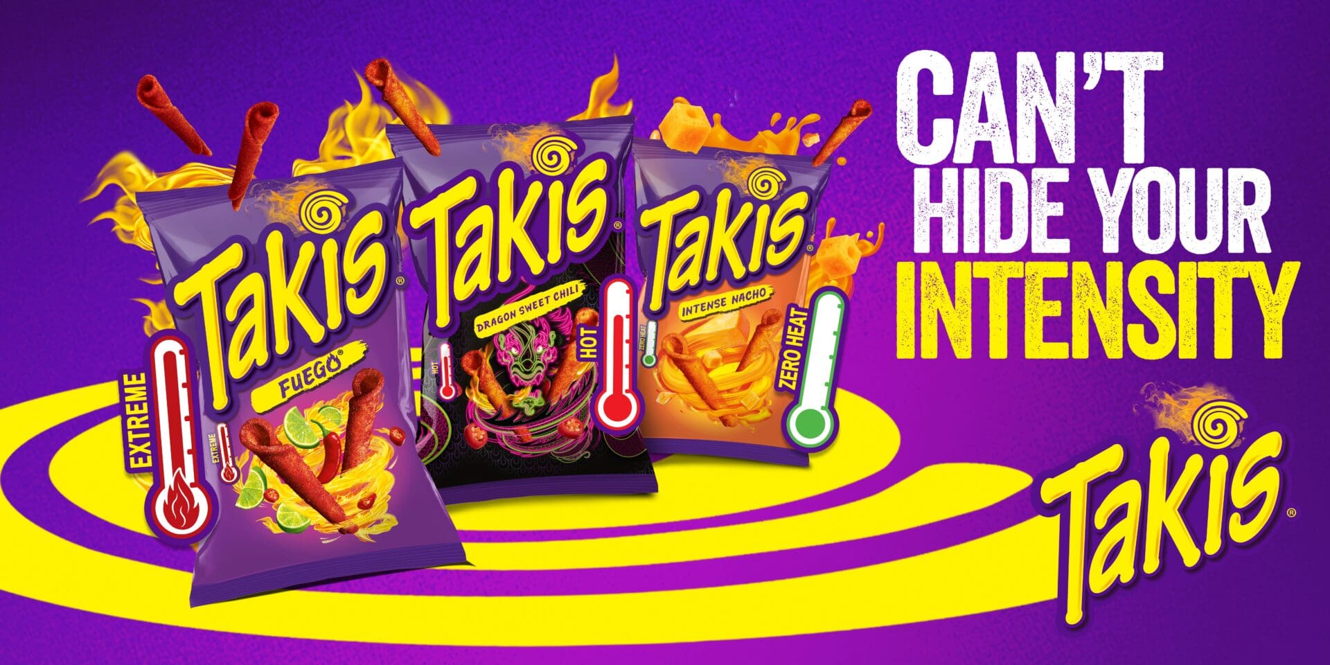 Takis NZ banner with Fuego, Blue Heat and Crunchy Fajitas chips – bold purple design with slogan Can't Hide Your Intensity