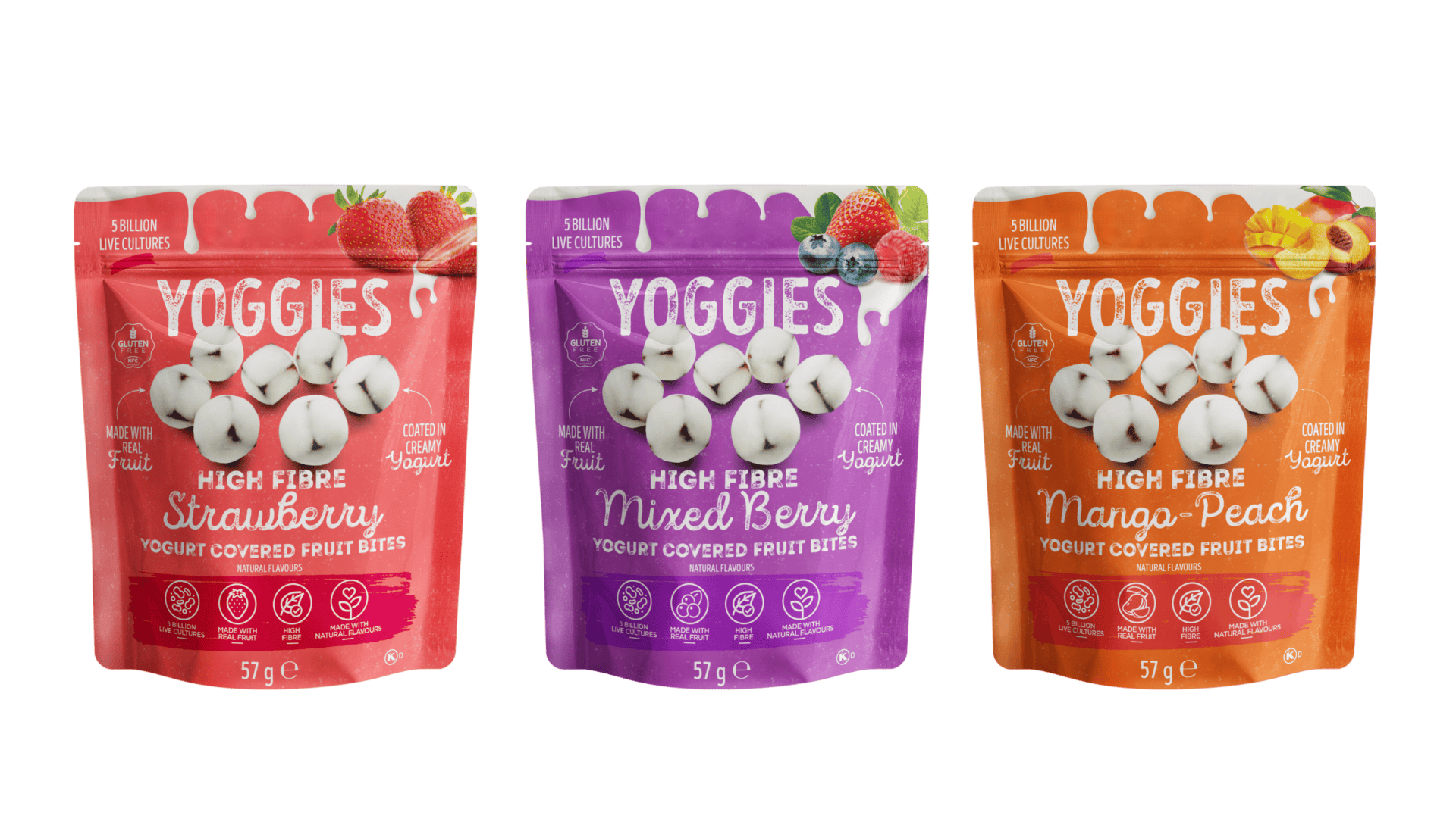 Nature’s Garden Probiotic Yoggies 57g pouches in Strawberry, Mixed Berry and Mango-Peach flavours