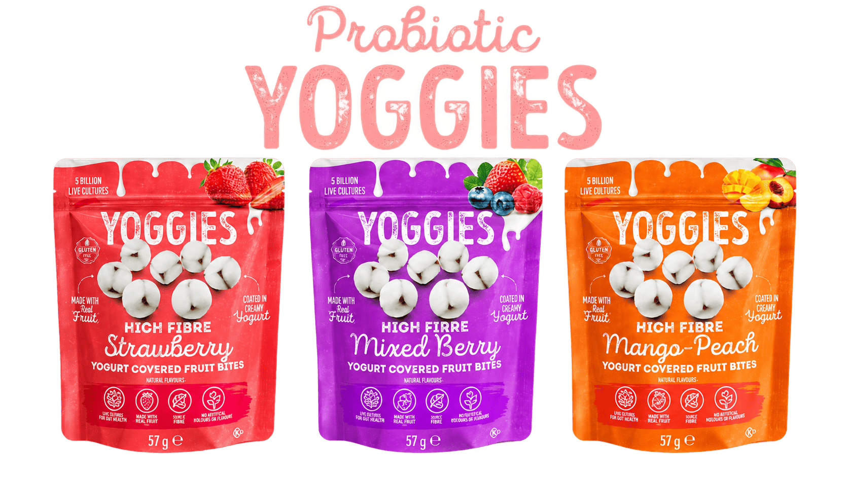 Nature’s Garden Probiotic Yoggies 57g pouches in Strawberry, Mixed Berry and Mango-Peach flavours